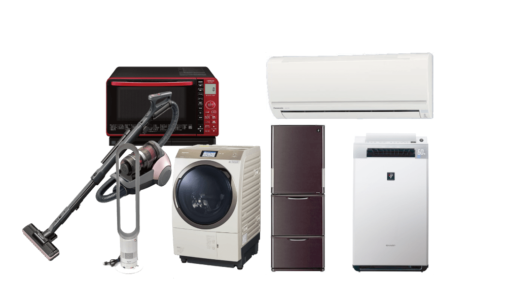 電子レンジ・掃除機・扇風機・洗濯機・冷蔵庫・エアコン・空気清浄機の写真