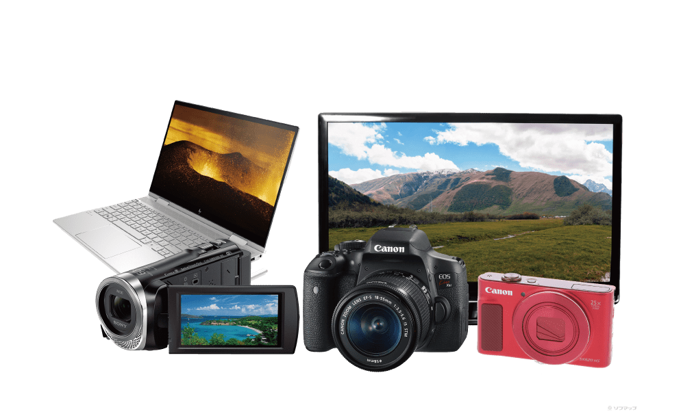 ノートパソコン・モニター・ビデオカメラ・一眼レフカメラ・デジタルカメラの写真