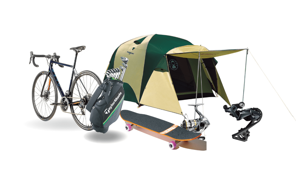 ロードバイク、キャンプ道具、スケートボード、釣具の写真