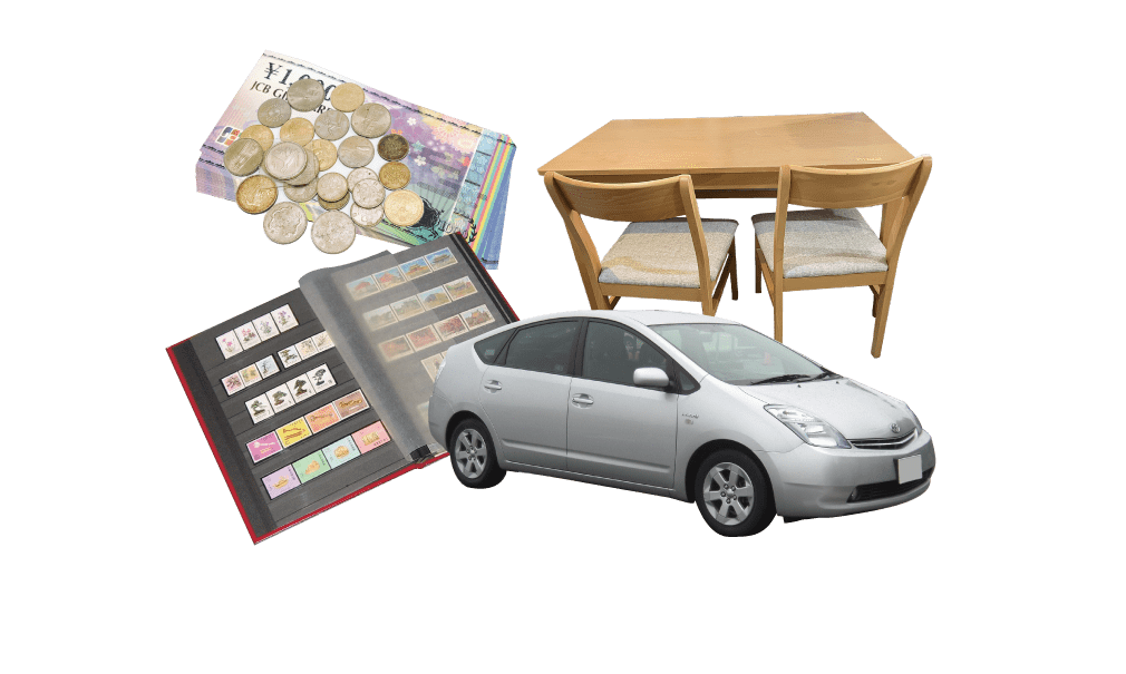 海外のお金、切手コレクション、ダイニングテーブル、車の写真